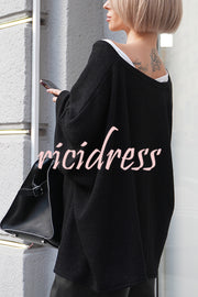Warm Winter Ribbed Knit V-neck Batwing Sleeve Loose Relaxed Sweater
