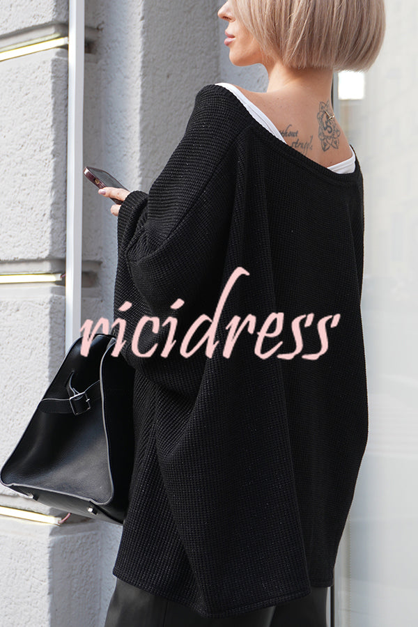 Warm Winter Ribbed Knit V-neck Batwing Sleeve Loose Relaxed Sweater
