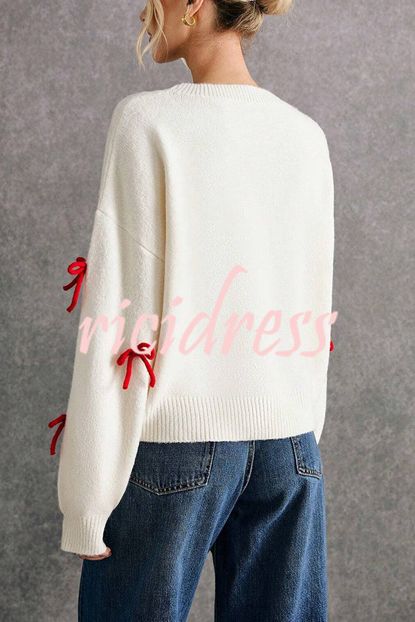 Christmas Bow Round Neck Loose Long Sleeve Knitted Sweater