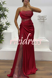 Essie Satin Rhinestone Patchwork Twist Waist Strapless Slit Maxi Dress