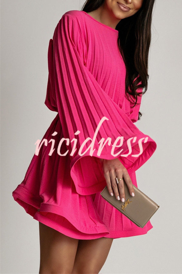 Fashion Bell Sleeve Loose Waist Tie Pleated Mini Dress