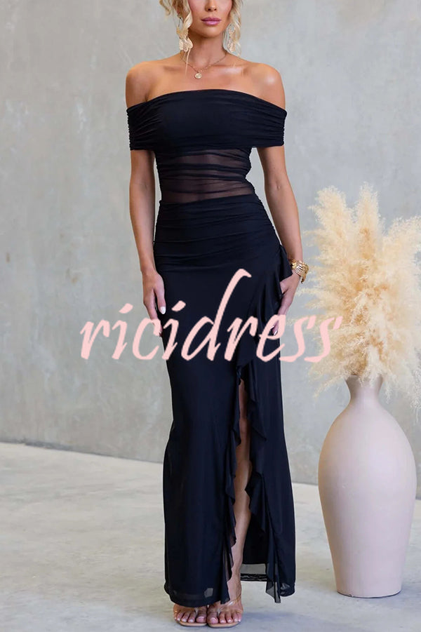 Sexy Mesh Off-shoulder Slim Fit Ruffled Slit Maxi Dress