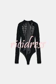 Anna Semi-sheer Lace Long Sleeve Back Bow Tie-up Cutout Stretch Bodysuit
