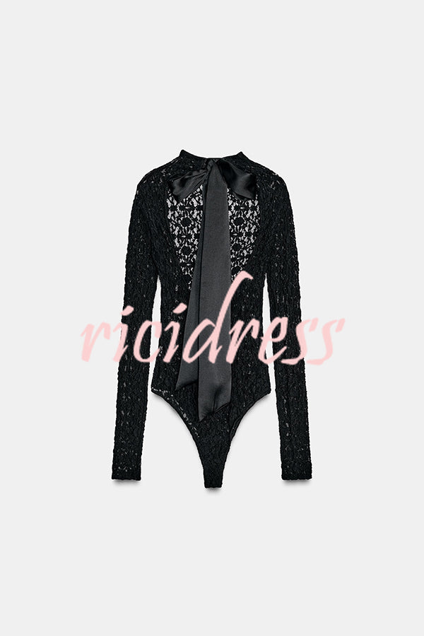 Anna Semi-sheer Lace Long Sleeve Back Bow Tie-up Cutout Stretch Bodysuit