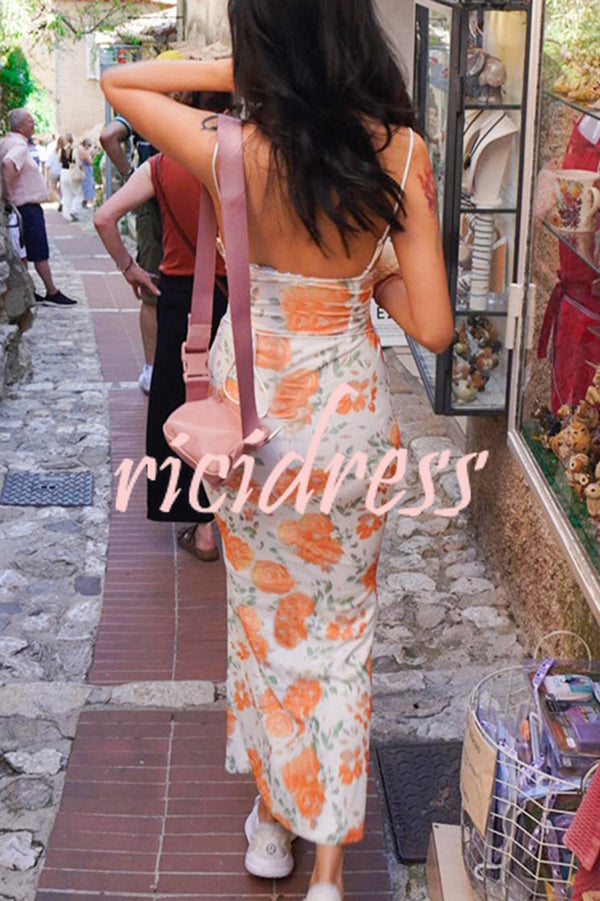 Floral Print Sexy Halter Back Slim Fit Lace Up Midi Dress