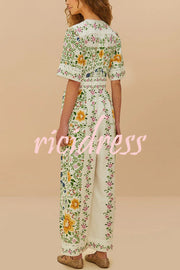Natural Charm Linen Blend Floral  Print Short Sleeve Pocketed Wide Leg Jumpsuit