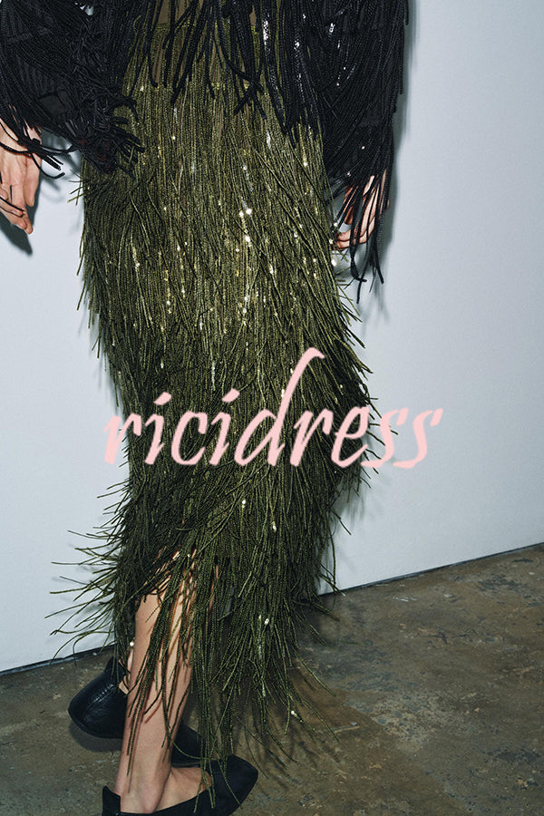 Party Crasher Layered Sequined Tassels High Rise Back Zipper Midi Skirt