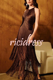 Fashion Sleeveless Halter Neck Elegant Tassel Slim Maxi Dress