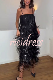Chic Celebration Layered Sequined Tassels Slip Strapless H-line Midi Dress