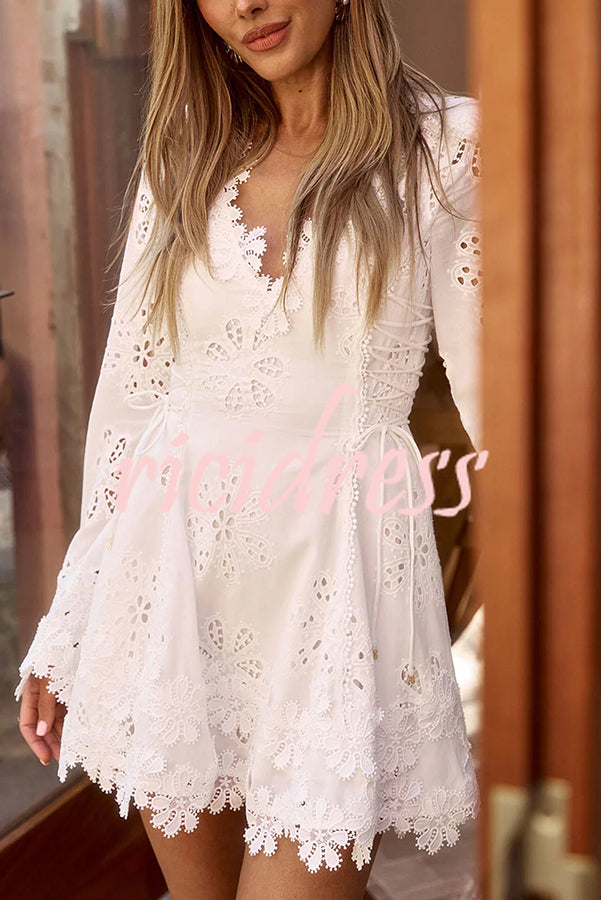 Diaz Embroidery Hollow Fabric Delicate Flower Trim Long Sleeve Side Lace-up Mini Dress