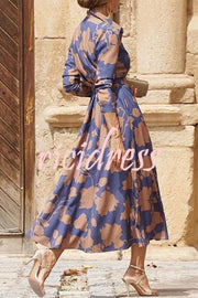 Lapel Floral Print Lace Up Buttoned Pockets Long Sleeve Midi Dress