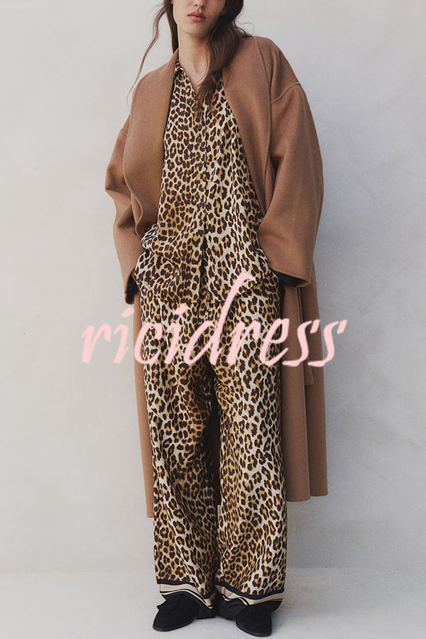 Unique Print Lapel Long Sleeve Loose Shirt and Elastic Waist Casual Pocket Wide Leg Pants Set