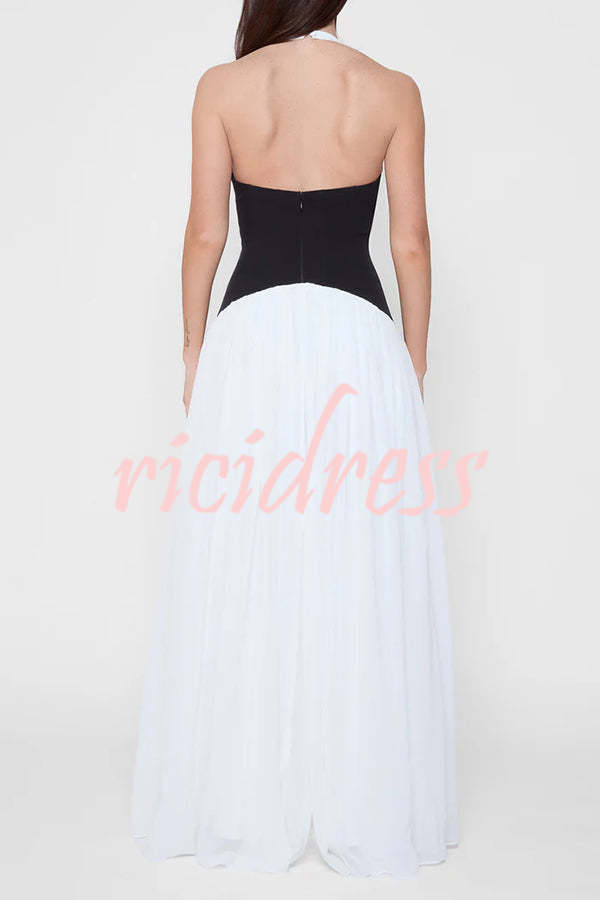 Fashionable Color Matching Sexy Halter Neck Waist Maxi Dress