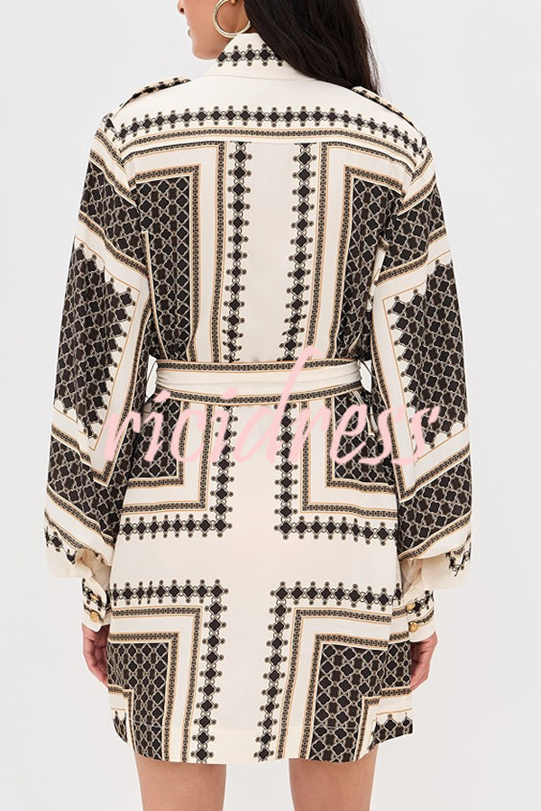 Hildie Unique Print Epaulettes Long Sleeve Flap Pockets Tie-up Waist Shirt Mini Dress