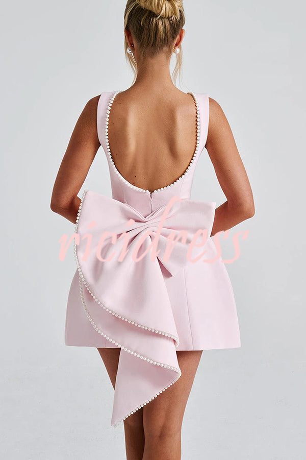 Stylish Pearl-embellished Large Bow Slim-fit Mini Dress