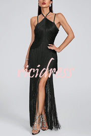 Sexy Halterneck Open Back Elegant Tassel Slim Maxi Dress