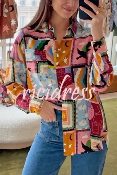 Fashionable Colorful Unique Print Button-down Relaxed Blouse