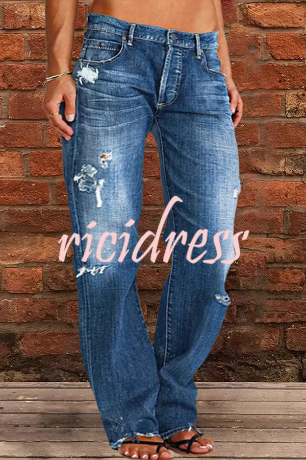 Vintage Washed Ripped Wide Leg Jeans