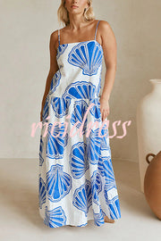 Linen Blend Shell Print Loose Strappy Resort Style Maxi Dress