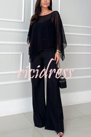 Vanie Chiffon Cape Batwing Sleeve Top and High Waist Pocket Wide Leg Pants Set