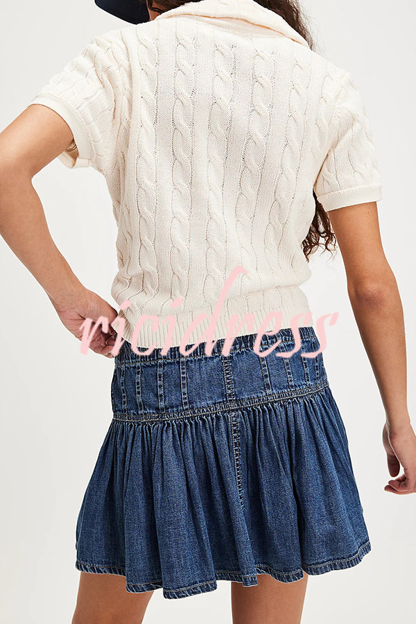 Solid Color Elastic Waist Button Tie Denim Mini Skirt