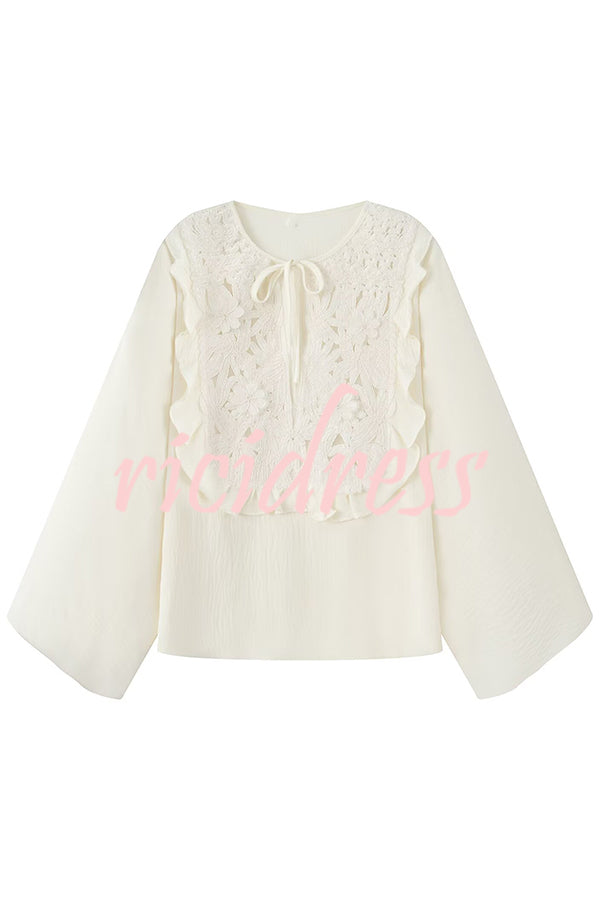 Fashionable Round Neck Tie Hollow Stitching Casual Shirt