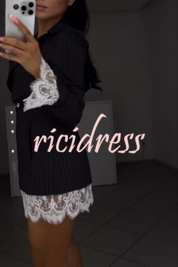 Merrin Striped Lace Trim Double-breasted Long Sleeve Lapel Blazer Mini Dress