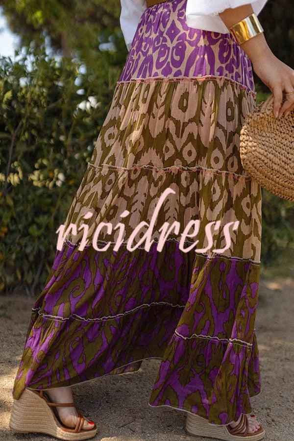 Resort Style Unique Print Elastic Waist Loose Stitching Maxi Skirt