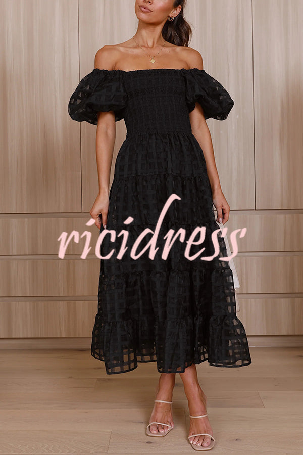 Solid Color Off-shoulder Lantern Sleeve Patchwork Midi Dress