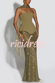 Oakley Corset Strapless Top and Sequin High Rise Maxi Skirt Scarf Set