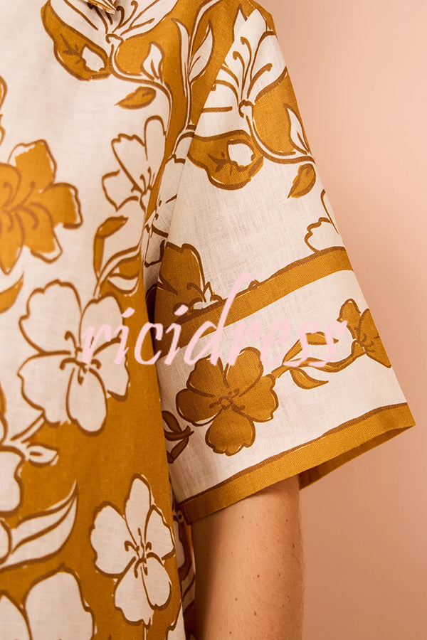 Floral Print Casual Short Sleeve Shirt Top and Elastic Waist Loose Pocket Pants Set