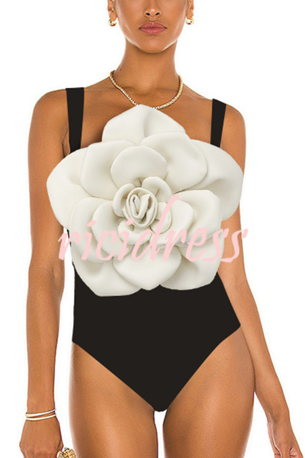 Fashionable Contrast Color Large Flower Stretch One-piece Swimsuit