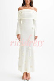 Timeless Sophistication Knit Off Shoulder Rose Detail Stretch Maxi Dress