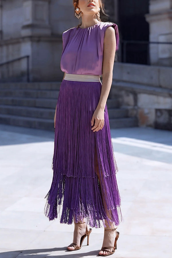 Elegant Tassel Hem Elastic Waist Casual Maxi Skirt