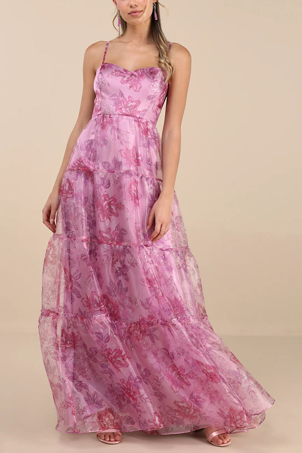 Exclusive Glamour Organza Floral Print Tiered Slip Maxi Dress