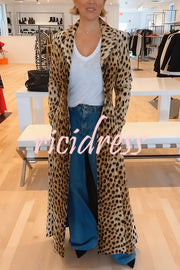 Leopard Print Long Sleeve Pocket Casual Maxi Trench Coat