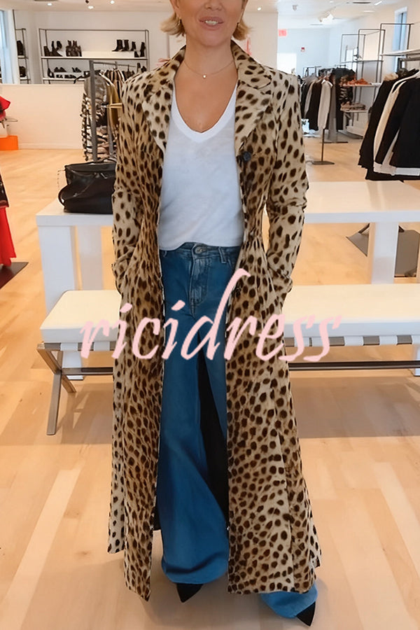 Leopard Print Long Sleeve Pocket Casual Maxi Trench Coat