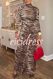 Winston Animal Print High-neck Long Sleeve Ruched Hip Stretch Maxi Dress