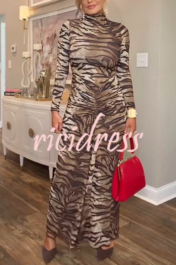 Winston Animal Print High-neck Long Sleeve Ruched Hip Stretch Maxi Dress