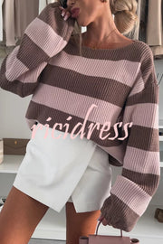Fashion Striped Loose Long-sleeved Crew Neck Knitted Sweater