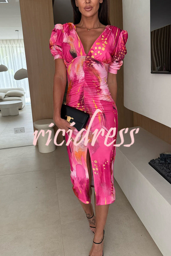 Unique Print V-Neck Puff Sleeve Slit Slim Midi Dress