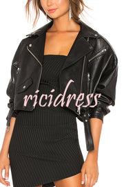 Fashion Lapel Long Sleeve Casual Zipper Pocket Leather Jacket