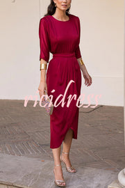 Satin Solid Color Round Neck Half Sleeve Waist Midi Dress