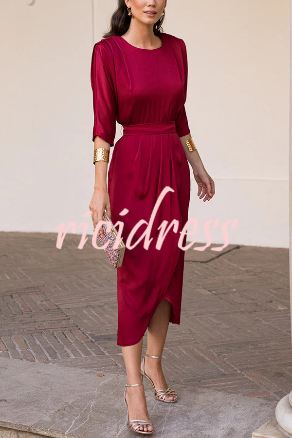 Satin Solid Color Round Neck Half Sleeve Waist Midi Dress