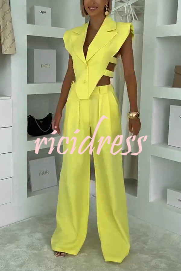 Fashion Style Lapel Waist-baring Irregular Vest and  Elastic Waist Pocket Loose Pants Set
