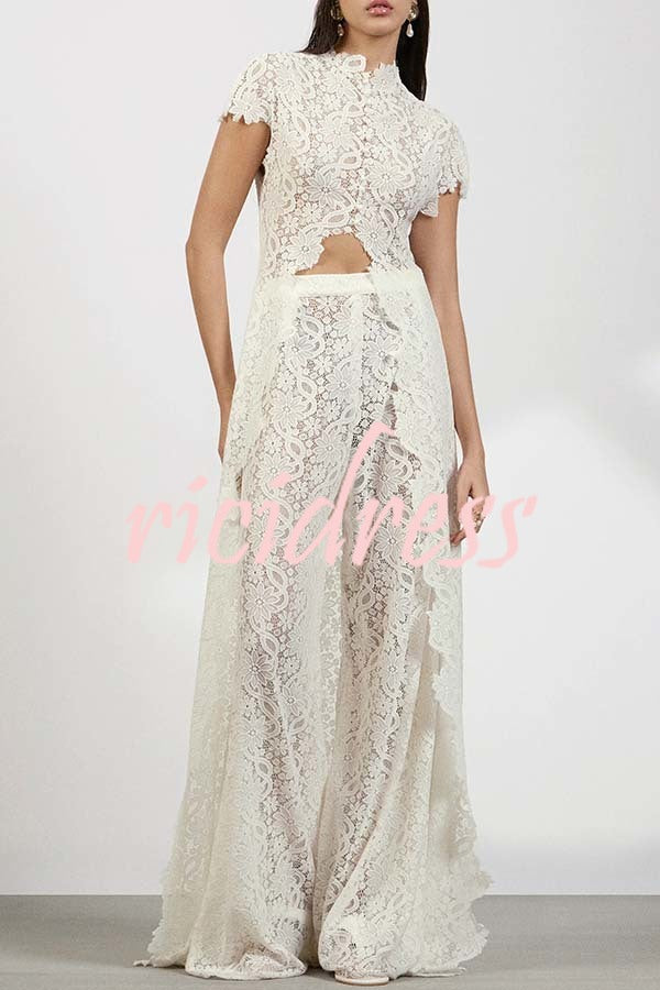 Elegant Personality Floral Lace Short Sleeve Front Slit Maxi Top