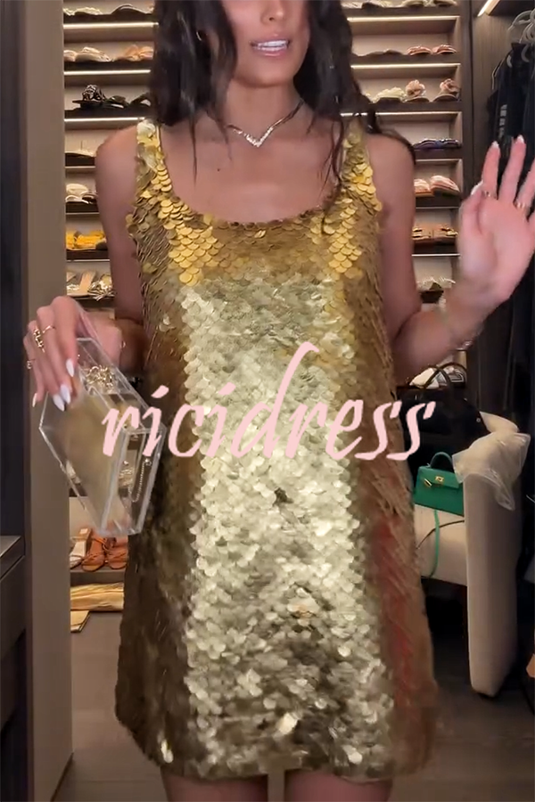 Golden Charm Impact Large Sequins Scoop Neck Tank A-line Mini Dress
