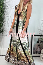Vanna Unique Tropical Print Black Patchwork Detail A-line Maxi Dress