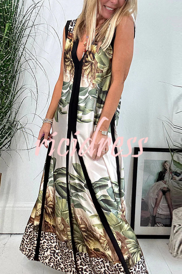 Vanna Unique Tropical Print Black Patchwork Detail A-line Maxi Dress