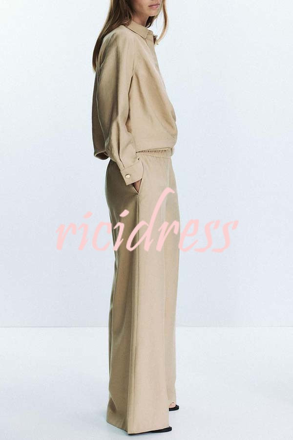 Juliette Cross-front Button Up Long Sleeve Shirt and Elastic Waist Pocket Loose Pants Set